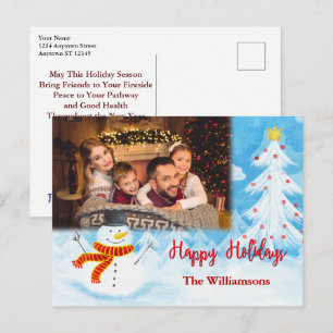 Happy Holidays Watercolor Snowman Photo Christmas Postcard