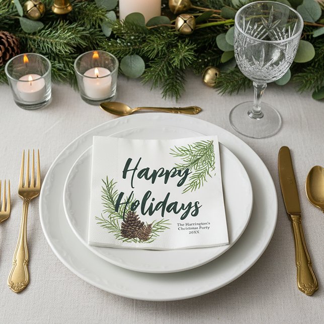 Happy Holidays Watercolor Winter Pine Personalized Napkin (Creator Uploaded)