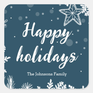 happy holidays white blue christmas pines simple square sticker