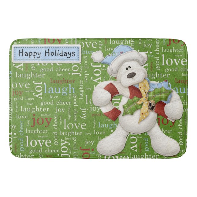 Happy Holidays White Dog Bath Mat (Front)