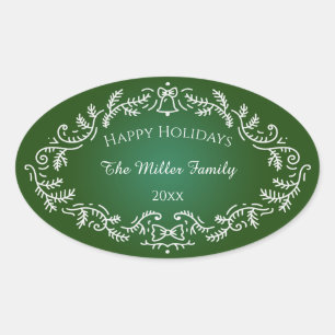 Happy Holidays White Festive Frame on Green Oval Sticker