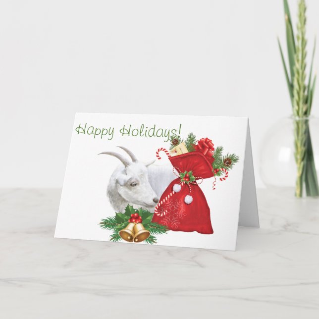 Happy Holidays White Goat With Christmas Goodies Holiday Card (Front)