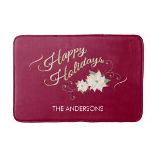 Happy Holidays, White Poinsettia, Personalized Bath Mat