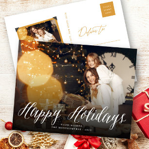 Happy Holidays White Script Holiday Photo Postcard
