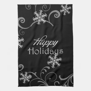 Happy Holidays White Snowflakes on Black Kitchen Towel
