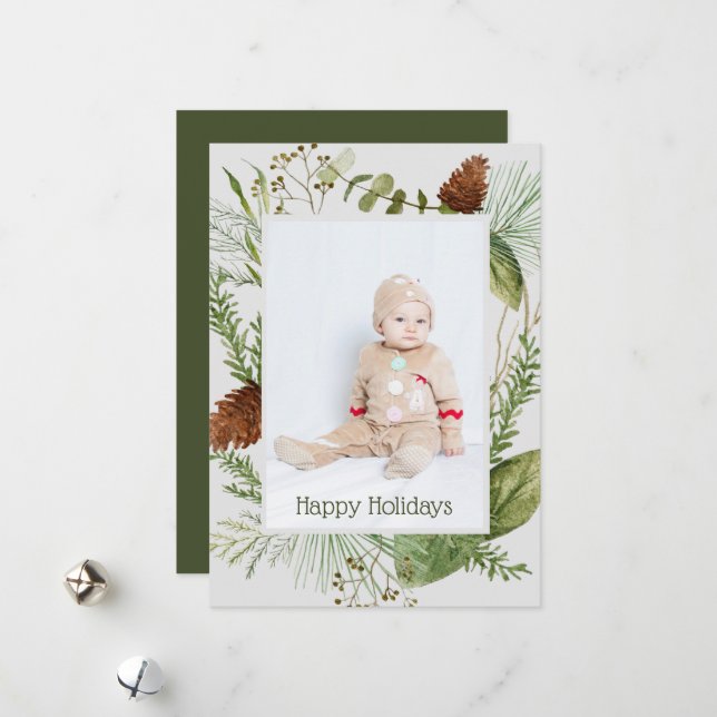 Happy Holidays Winter Greenery Vertical Photo Holiday Card (Front/Back In Situ)