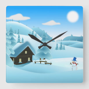 "HAPPY HOLIDAYS" WINTER LANDSCAPE SQUARE WALL CLOCK