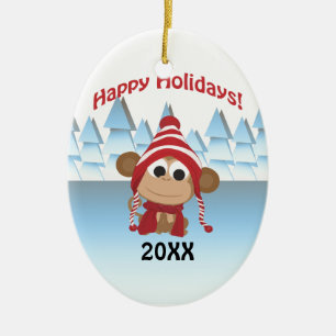 Happy Holidays! Winter Monkey Ceramic Ornament
