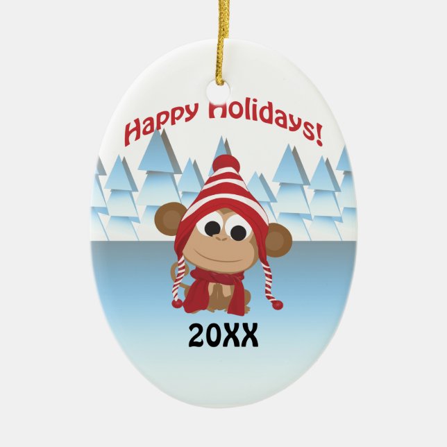 Happy Holidays! Winter Monkey Ceramic Ornament (Front)
