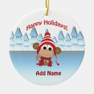 Happy Holidays! Winter Monkey Ceramic Ornament