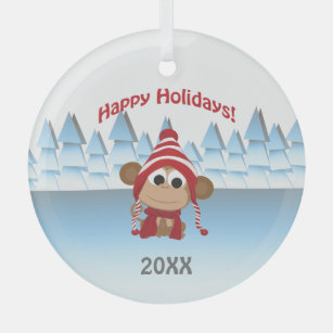 Happy Holidays! Winter Monkey  Glass Ornament