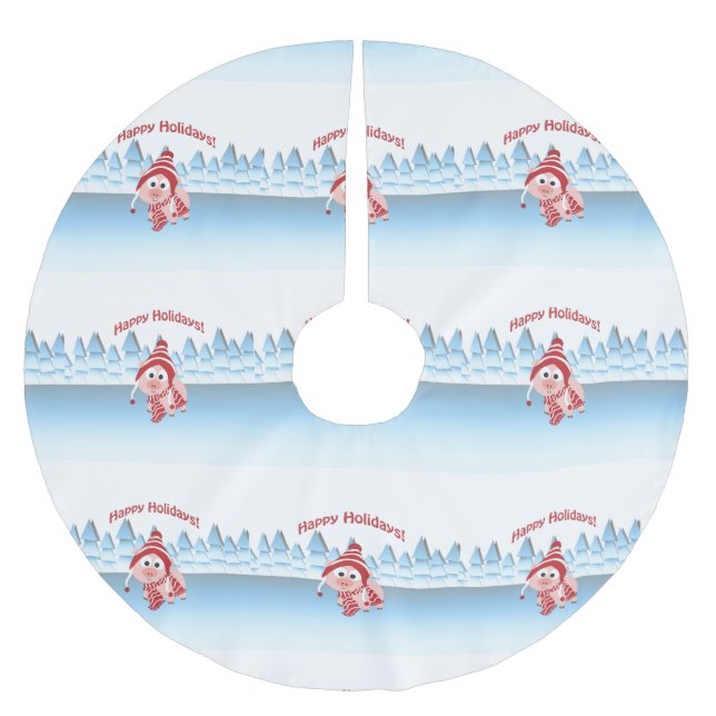 Happy Holidays! Winter Pig Brushed Polyester Tree Skirt (Front)