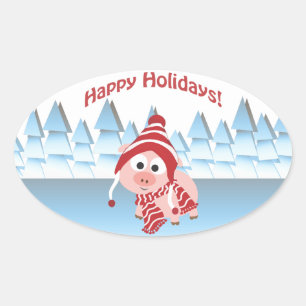 Happy Holidays! Winter Pig Oval Sticker