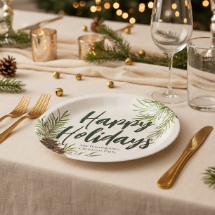 Happy Holidays Winter Pine Greenery Ivory  Paper Plate