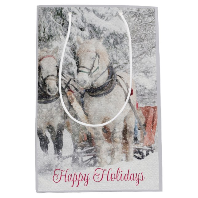 Happy Holidays Winter Snow Horses Sleigh Medium Gift Bag (Front)