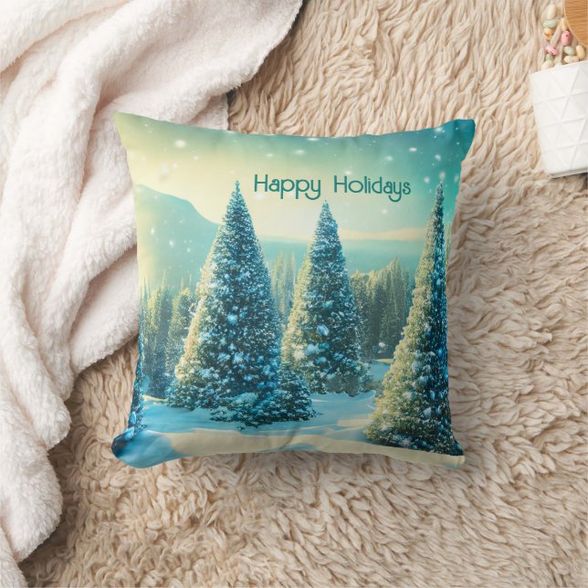 Happy Holidays Winter Wonderland Forrest Festive Throw Pillow (Blanket)