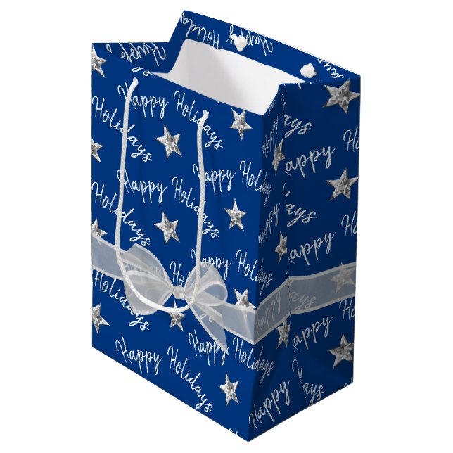 Happy Holidays with Diamond Stars Medium Gift Bag (Front Angled)