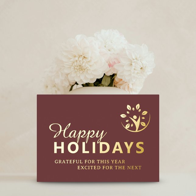 Happy holidays with logo business taupe gold foil foil holiday card (Happy holidays with logo business taupe gold foil foil holiday card)