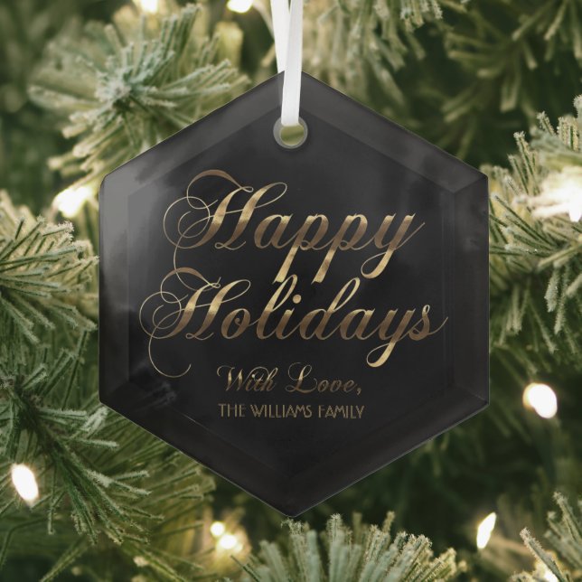 Happy Holidays With Love Add Name Black and Gold Glass Ornament (Insitu)