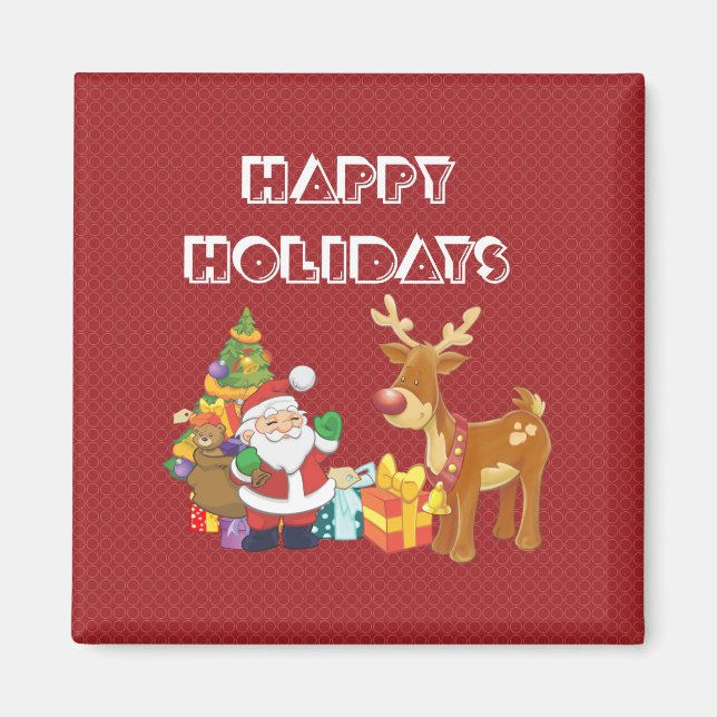Happy Holidays with Santa and Reindeer Magnet (Front)