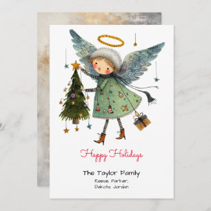 Happy Holidays with Whimsical Angel and Tree Holiday Card