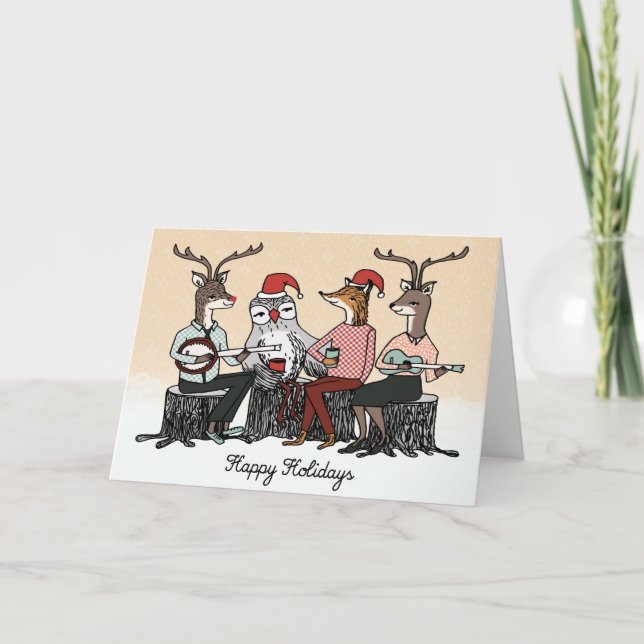 Happy Holidays Woodland Animals Stump Music Card (Front)