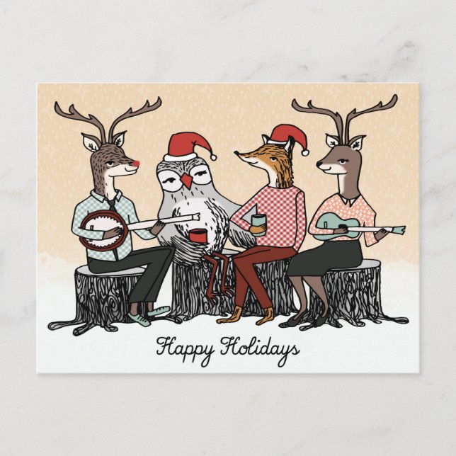 Happy Holidays Woodland Animals Stump Music Card (Front)