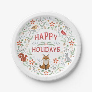 Happy Holidays Woodland Wreath Paper Plate