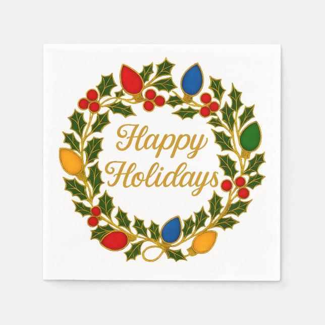 Happy Holidays Wreath Christmas Lights and Holly Napkin (Front)