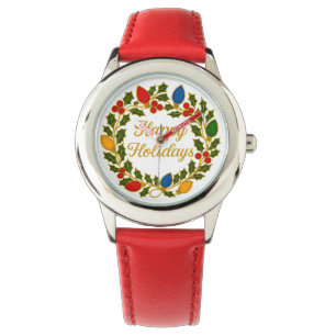 Happy Holidays Wreath Christmas Lights and Holly Watch