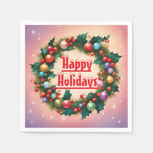 Happy Holidays Wreath Colorful Christmas Snow Napkin (Front)