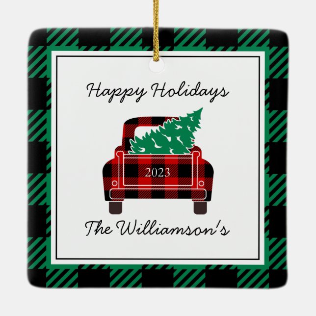 Happy Holidays Year Name Plaid Truck Red Green Ceramic Ornament (Back)