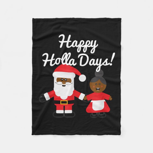 Happy Holla Days Santa And Mrs Claus Black Christm Fleece Blanket (Front)