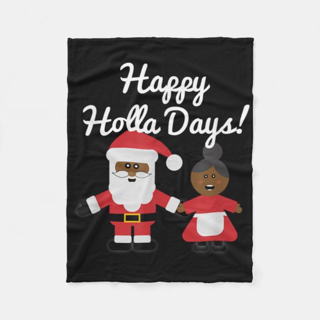 Happy Holla Days Santa And Mrs Claus Black Christm Fleece Blanket (Front)