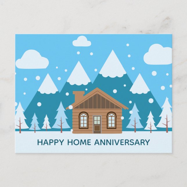 Happy Home Anniversary Winter Cabin Postcard (Front)
