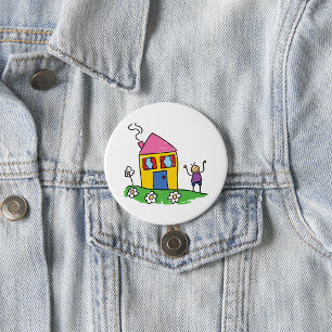 Happy Home Colourful House and Stick Figure 3 Inch Round Button