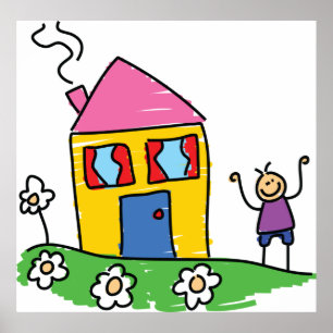 Happy Home Colourful House and Stick Figure  Poster