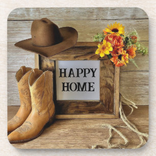Happy Home Cowgirl Cowboy Style With Cowboy Boots Coaster