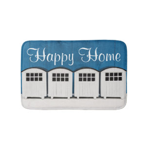 Happy Home Summer Beach cabins in blue and white Bath Mat