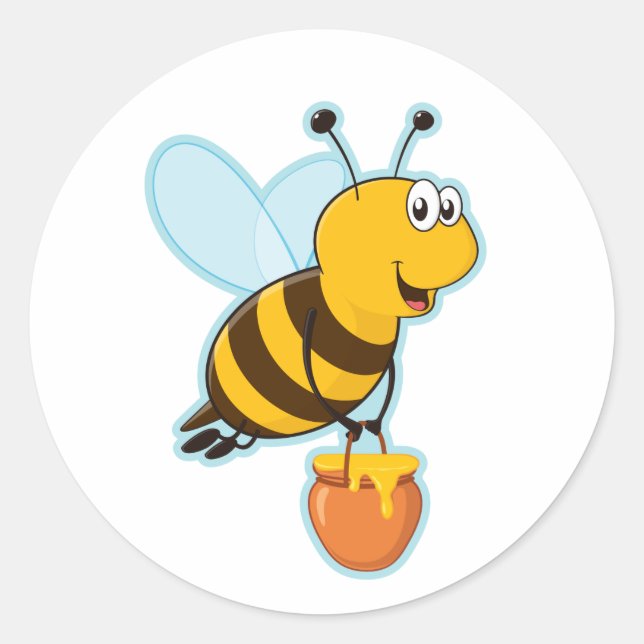 Happy Honey Bee & Honey Pot Classic Round Sticker (Front)