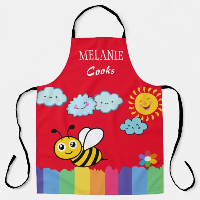 Happy honey-bee sun clouds red background pattern apron (Front)