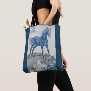 happy horse in blue tote bag