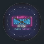 Happy Hour All Day Neon Sign Custom Text Large Clock<br><div class="desc">Happy hour all day,  neon-style white,  pink,  and blue text on a brick wall. Custom text in neon purple and blue. Glowing blue brick wall background.</div>