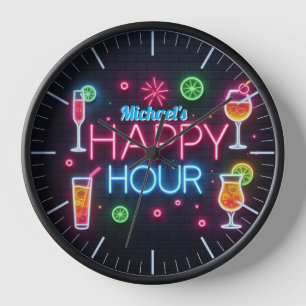 Happy Hour Bar Clock Neon Beer Custom Name Mancave