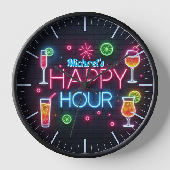 Happy Hour Bar Clock Neon Beer Custom Name Mancave (Front)