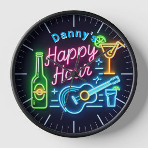 Happy Hour Bar Clock Neon Beer Custom Name Mancave
