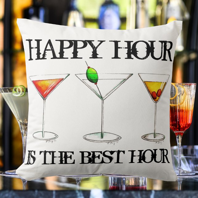 Happy Hour is the Best Hour Mixed Drink Cocktails Throw Pillow (Cocktail Pillow)