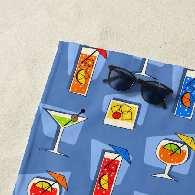 Happy Hour Retro Hawaiian Tropical Drinks - Blue Beach Towel (In Situ)