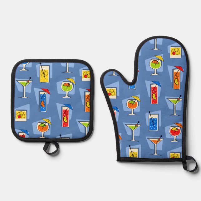 Happy Hour Retro Hawaiian Tropical Drinks Blue Oven Mitt & Pot Holder Set (Front)