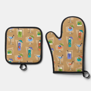 Happy Hour Retro Hawaiian Tropical Drinks Khaki Oven Mitt & Pot Holder Set